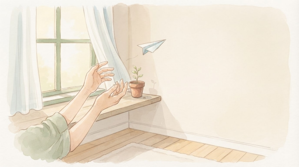 物販の失敗をデータとして静かに見つめる当事者を描いたやさしい水彩画風イラスト
