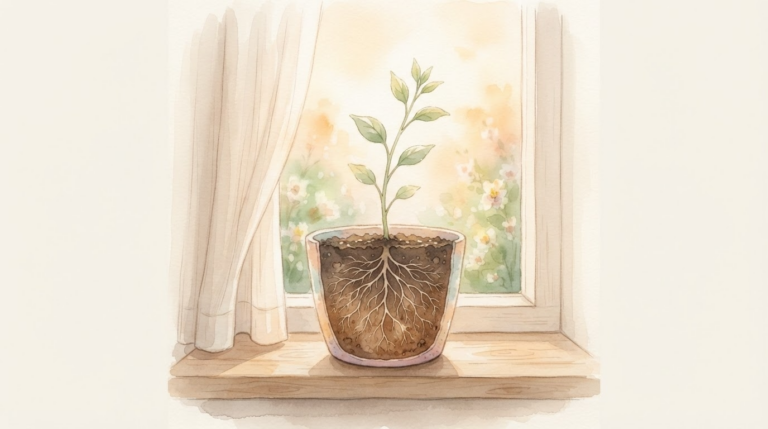 引きこもりの時間を必要な充電期間として肯定する、根を張る植物の水彩イラスト