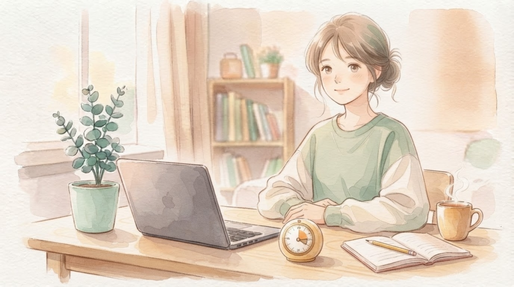 1日15分の小さな目標設定を表す、タイマーとデスクのやさしいイラスト
