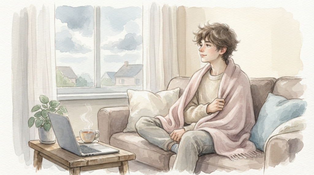 曇り空を見つめながら「今日は休む」という正解を選ぶ当事者を描いたやさしいイラスト