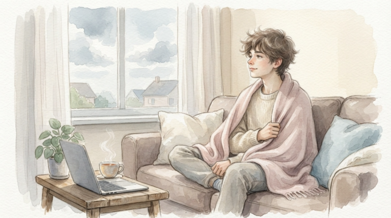 曇り空を見つめながら「今日は休む」という正解を選ぶ当事者を描いたやさしいイラスト