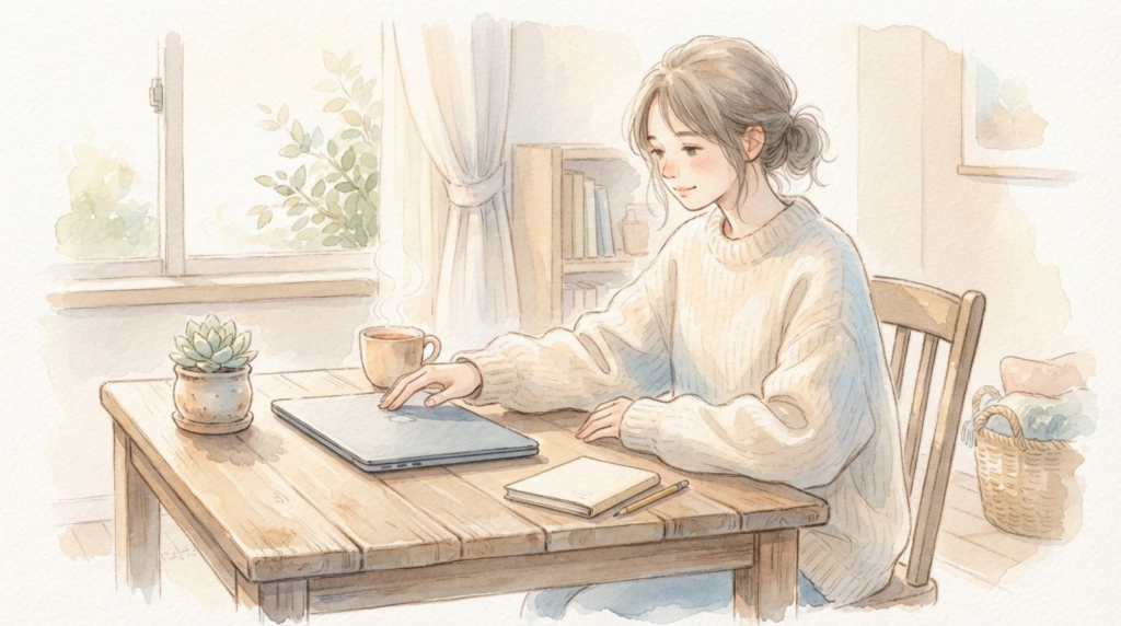 やる気を待たず小さな一歩を踏み出す様子を描いた優しい水彩画風イラスト