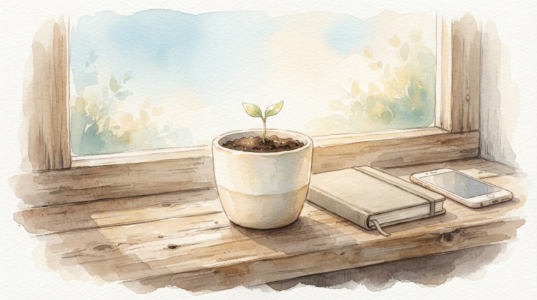 小さな芽が土から顔を出す様子で「小さな一歩」を表現した水彩画