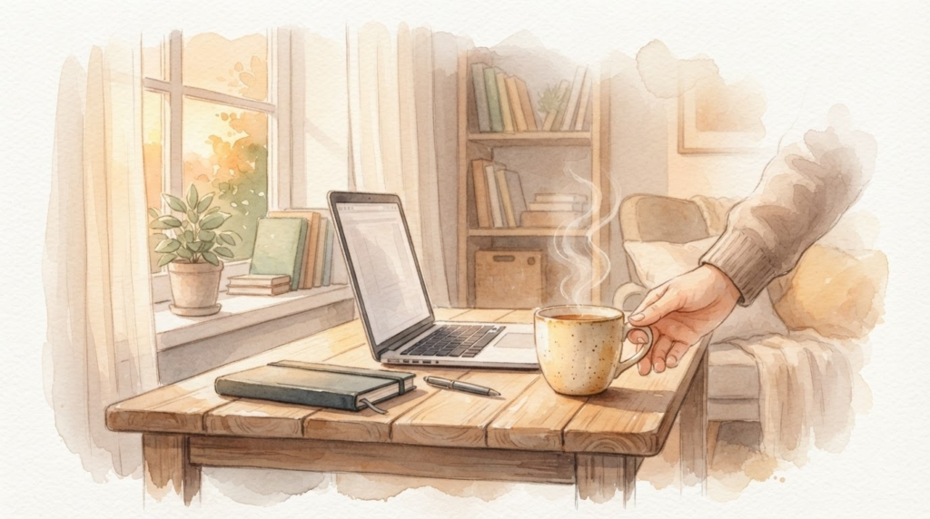 親がそっとお茶を置く様子で「環境を整えるサポート」を表した水彩画