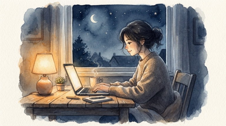 深夜に静かに集中する様子で「夜型のゴールデンタイム」を表した水彩画