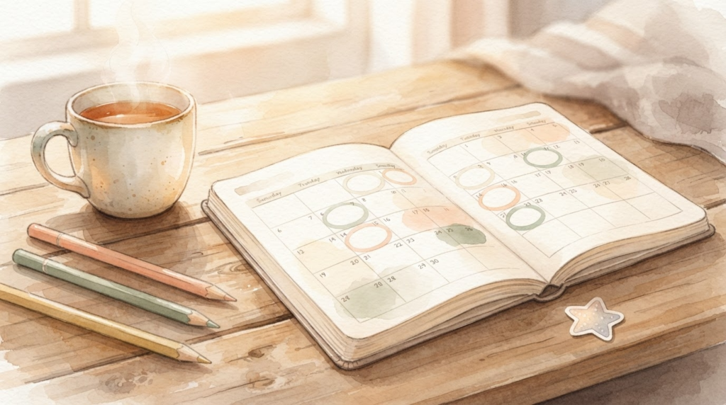 カレンダーに小さな丸を書き込む様子で「できたの見える化」を表す水彩画