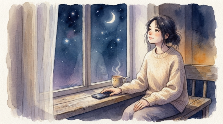 スマホを伏せて夜空を見上げる様子で「比較から離れる心の守り方」を表す水彩画