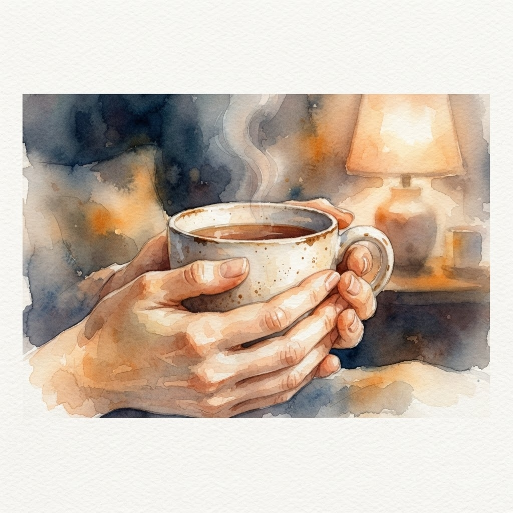 温かいお茶を両手で包む水彩画、自分を責める親御さんの心を労うイメージ