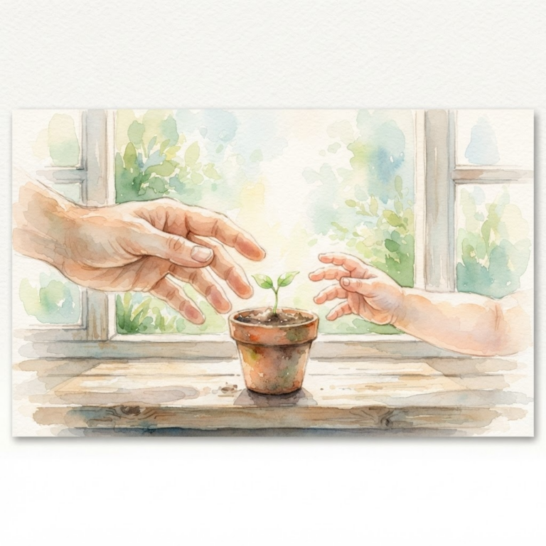 芽に寄り添う親子の手の水彩画、我が子にできるか不安な親の愛情を表すイメージ