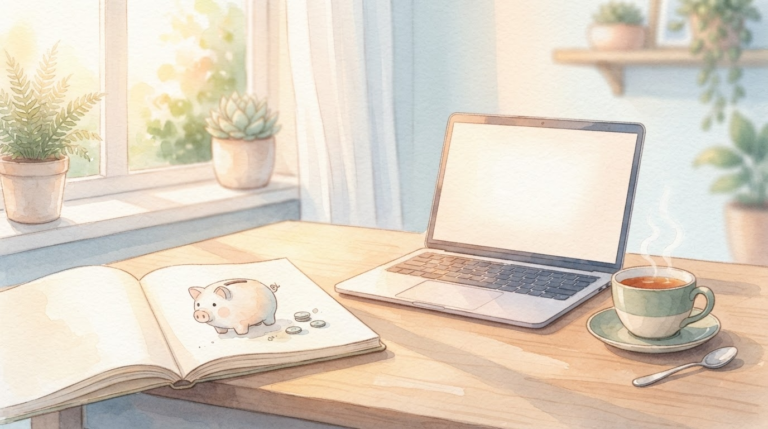 Amazon物販の初期費用を見える化した貯金箱とノートの温かいイラスト