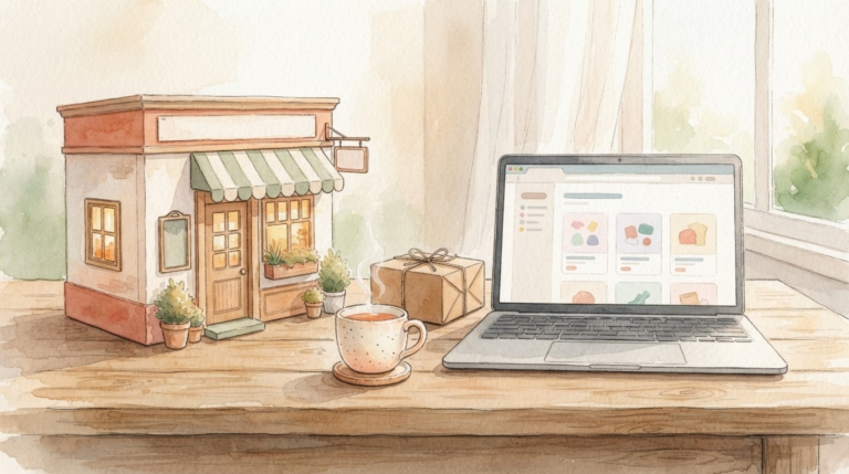 Amazon物販が昔ながらの商売のミニ版であることを表す温かいイラスト