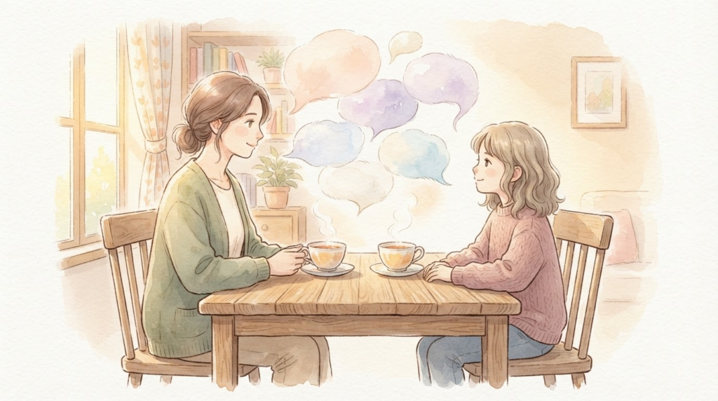 引きこもりの子にやる気を育てる言葉をかける親子の温かいイラスト