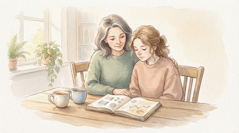 親子が隣り合ってお金の数字を穏やかに確認するミニ経営会議のイラスト