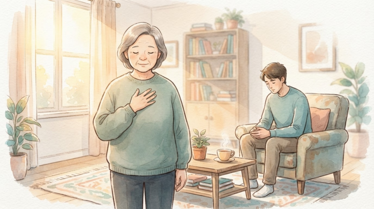 引きこもりの子への言葉を一呼吸置いて選ぼうとする親の温かいイラスト