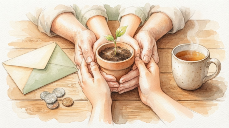 親子の手が新芽を包む様子で「家族の共同プロジェクトとしての投資」を表す水彩画