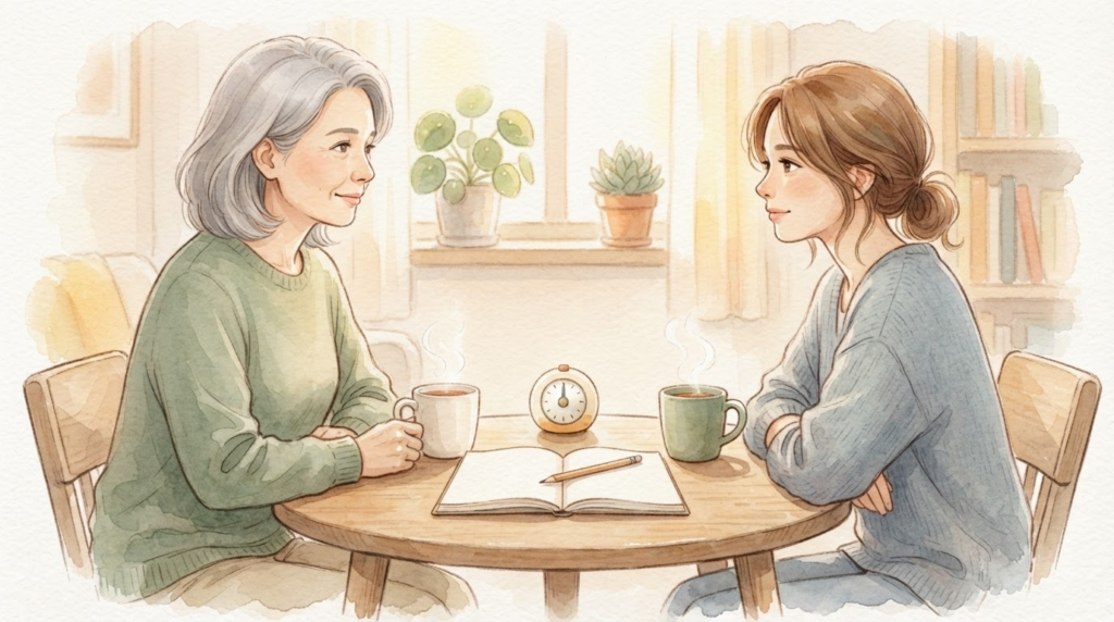 親子がノートを挟んで穏やかに話す様子で「感情的にならない対話」を表す水彩画