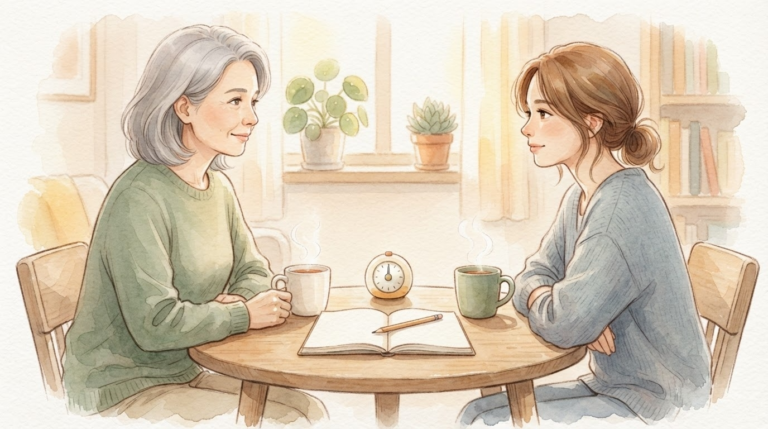 親子がノートを挟んで穏やかに話す様子で「感情的にならない対話」を表す水彩画