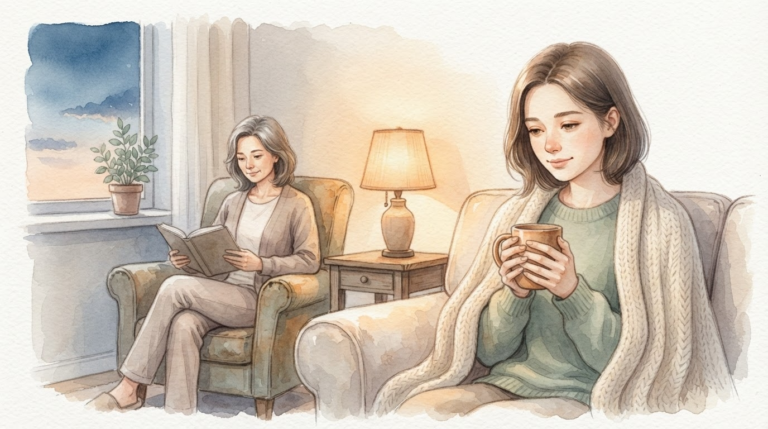 毛布にくるまり休むお子さんと静かに寄り添う親を描いた優しい水彩画