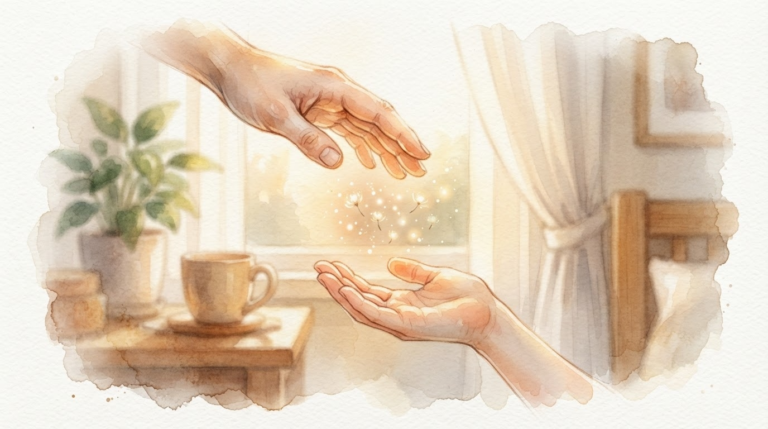 差し伸べられた手と応じる手の水彩画で「頼るスキル」を表現