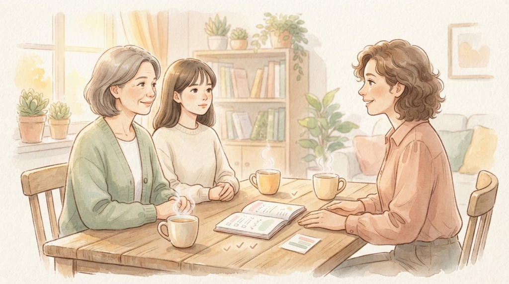 親子だけで抱え込まず第三者にそっと相談する温かい安心感のイラスト