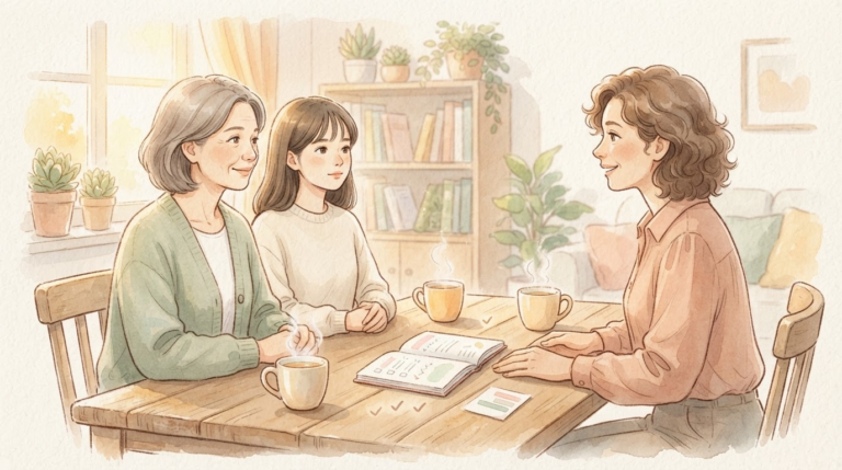 親子だけで抱え込まず第三者にそっと相談する温かい安心感のイラスト