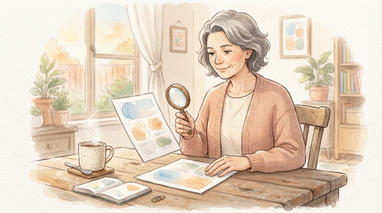 信頼できるコンサルを慎重に見比べて安心して選ぶ親御さんの温かいイラスト