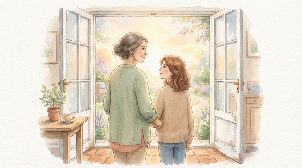 朝の光へ向かい新しい小さな一歩を一緒に踏み出す親子の希望あふれるイラスト