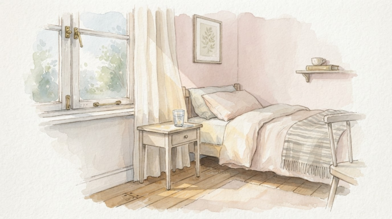 朝の光が差し込む静かな部屋と暮らしの整いを表す水彩イラスト