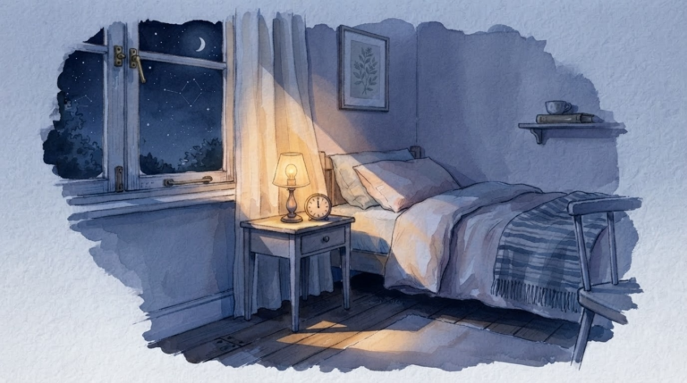 夜明けへ移る静かな寝室と昼夜逆転の緩やかな整えを表す水彩イラスト