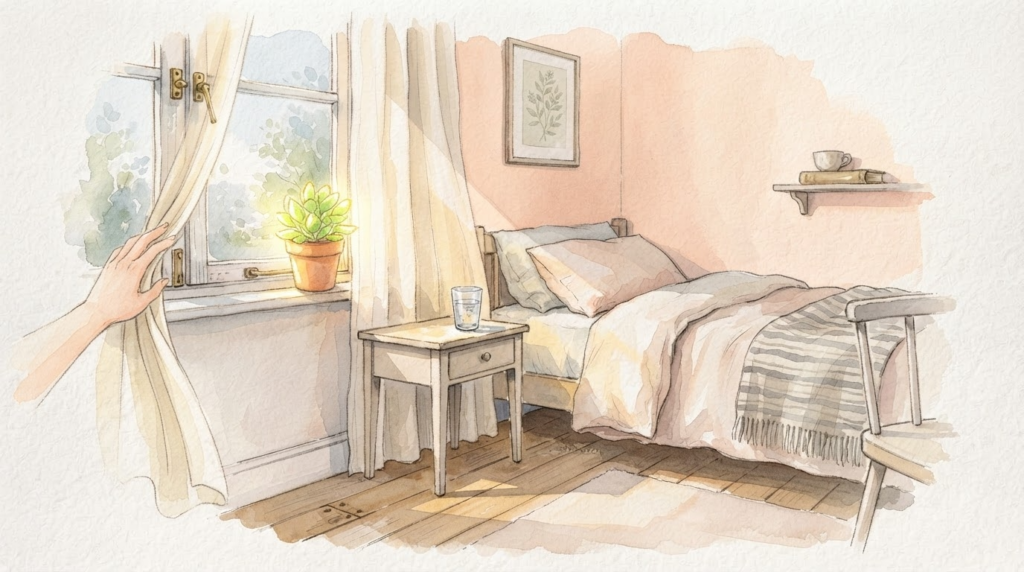 カーテンを開け朝の光を取り入れる、心と体を整える水彩イラスト
