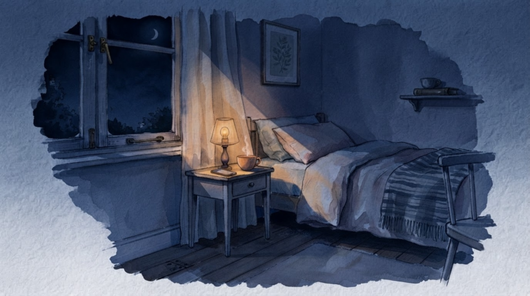 深夜にランプと温かいお茶が灯る、眠りの質に寄り添う水彩イラスト