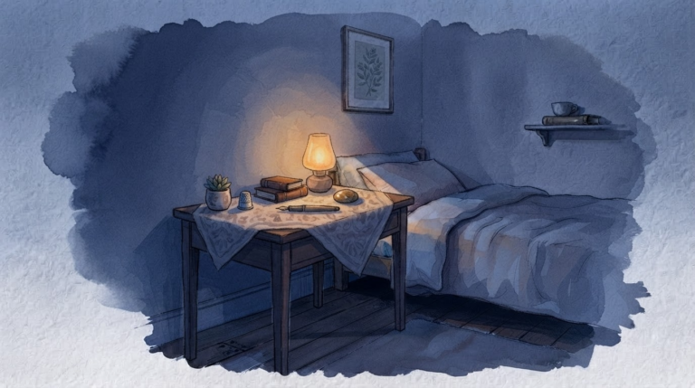 ベッドと分けた小さな机の作業コーナー、環境づくりを表す水彩イラスト